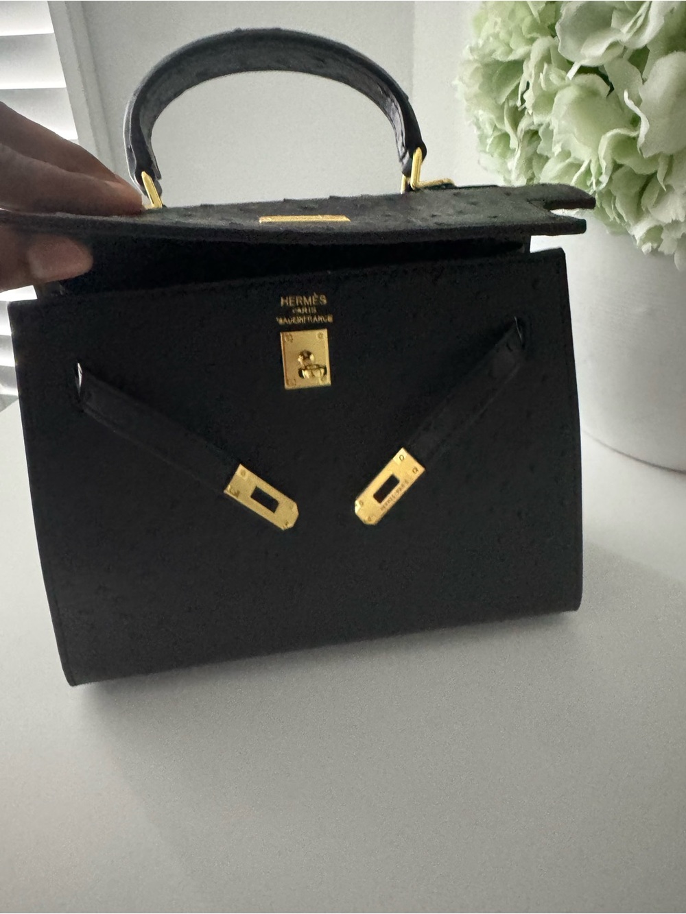 Black Ostrich Leather Top-Handle Bag with Gold Hardware